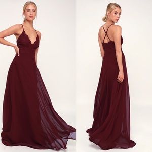 Lulu’s Madalyn Burgundy Lace Maxi Dress
